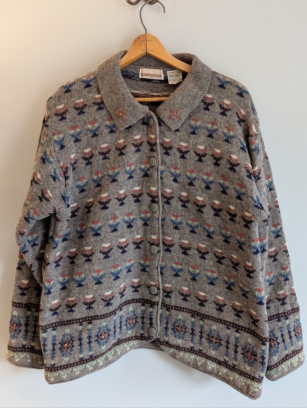 Vintage Simpatico 100% Shetland Wool Sweater, Intarsia Button Front Cardigan, M
